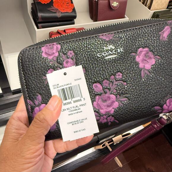 Coach Long Zip Around Wallet With Floral Print CCL36 Black/Purple - Picture 4 of 4